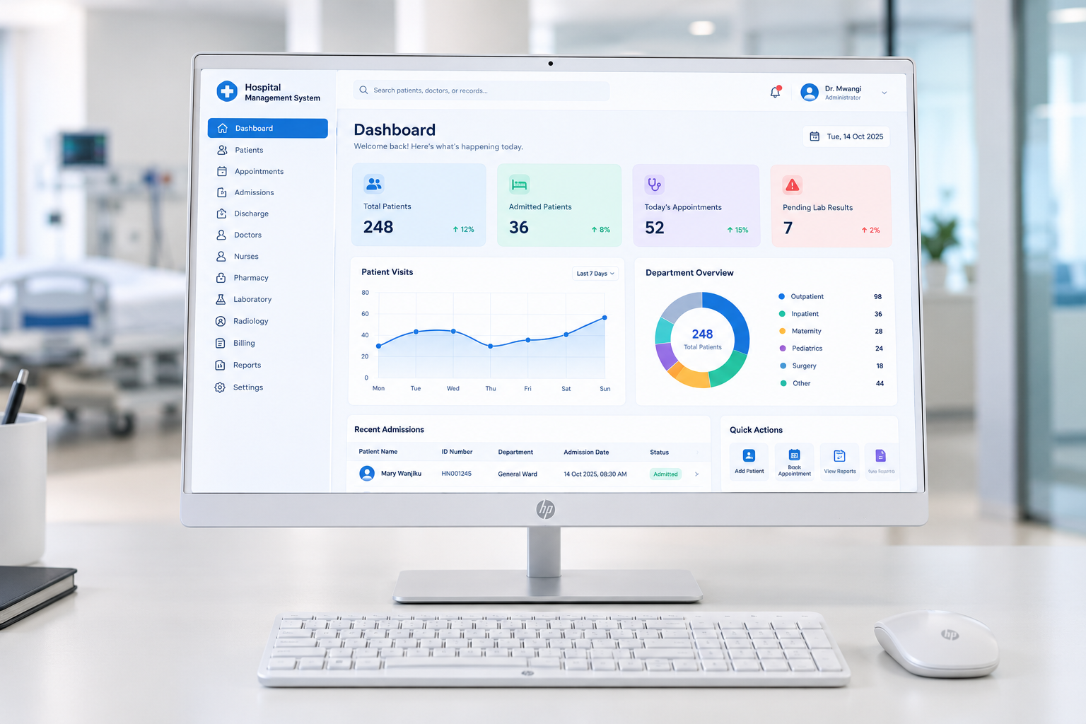 Affordable hospital management system dashboard showing patients, billing and appointments for facilities in Nairobi, Kenya