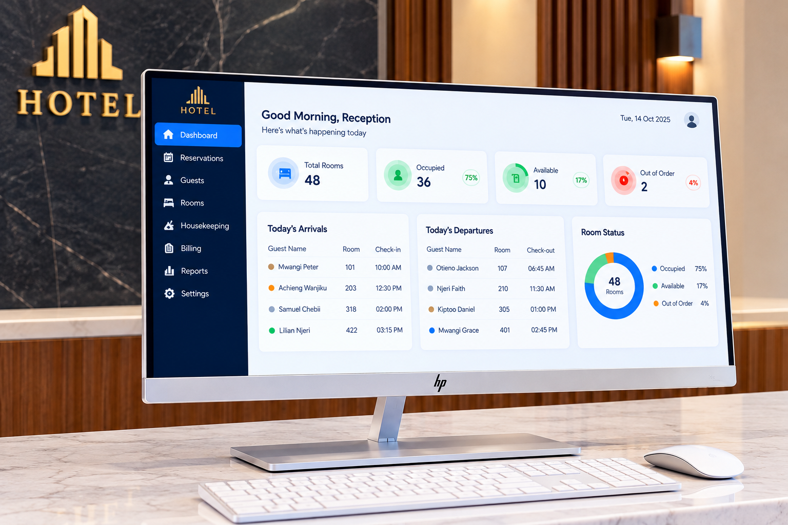 Affordable hotel management system dashboard showing room bookings, restaurant POS and reports for hotels in Nairobi, Kenya