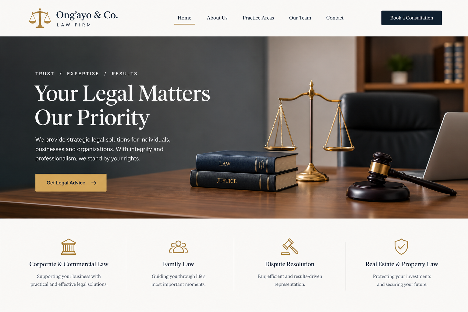Law firm website development in Nairobi Kenya showing a mobile friendly advocates website with practice areas, attorney profiles and consultation booking