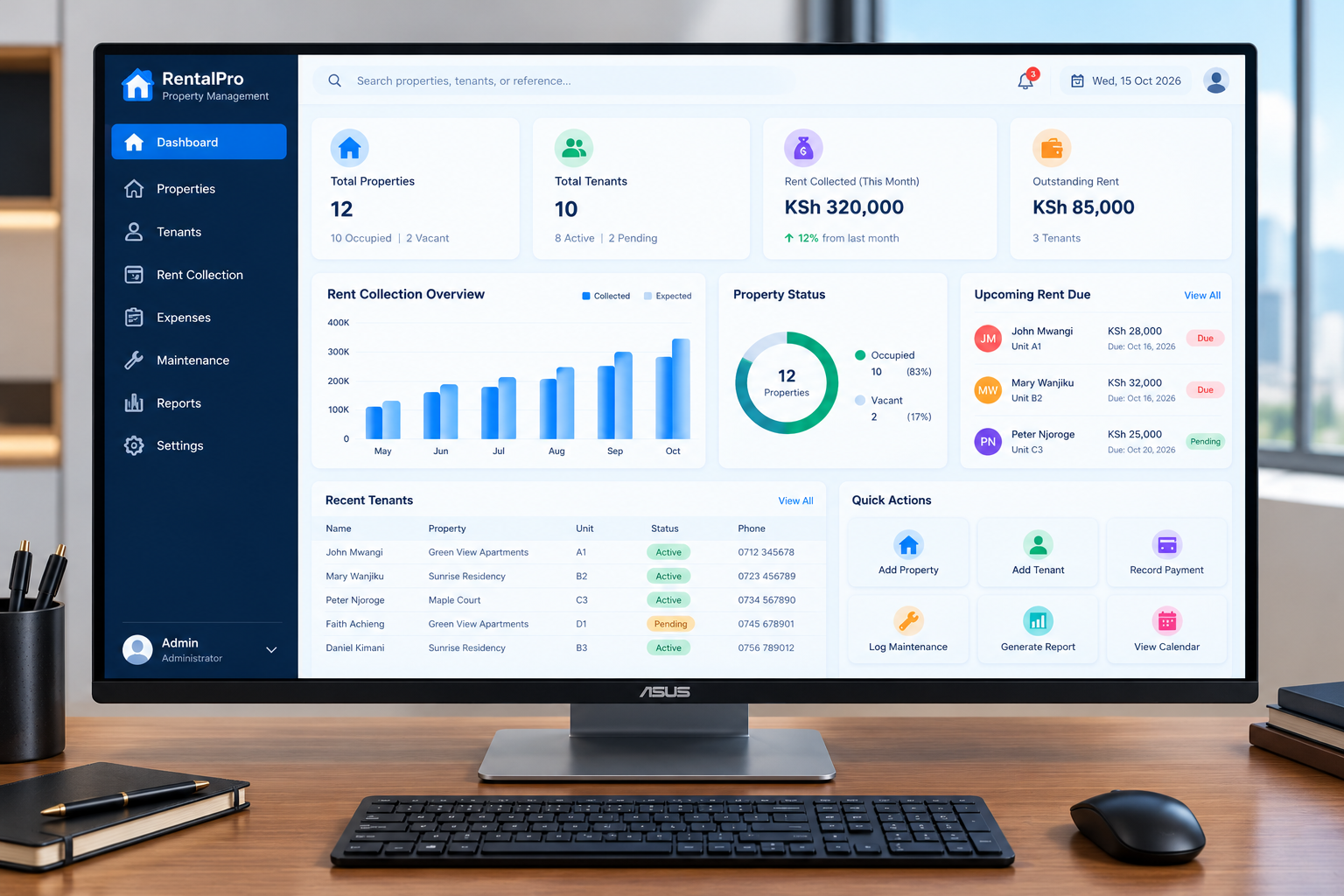 Rental management systems dashboard showing tenants, rent payments and arrears for landlords in Nairobi, Kenya